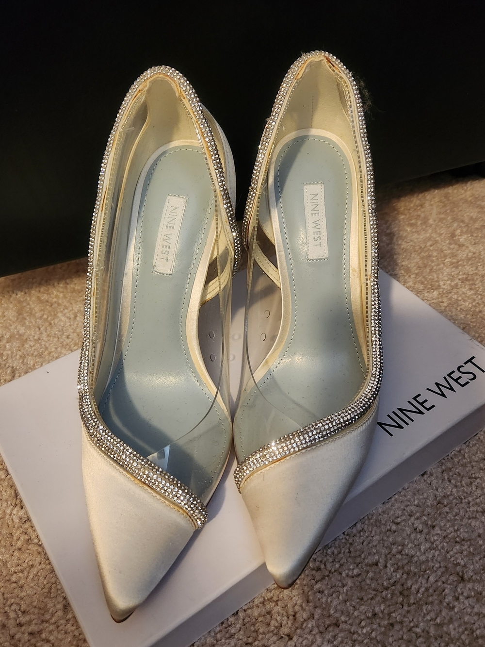 Nine West Cream Satin Pointed Heels with Rhinestone Trim